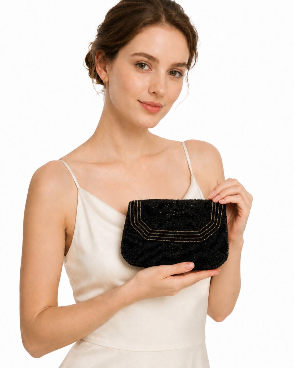 Vintage 30s 40s Black Gold Beaded Evening Bag Small Art Deco Clutch